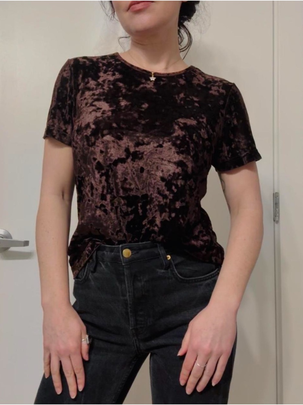 Vanity Fair Espresso Brown Crushed Velvet Short Sleeve Tee